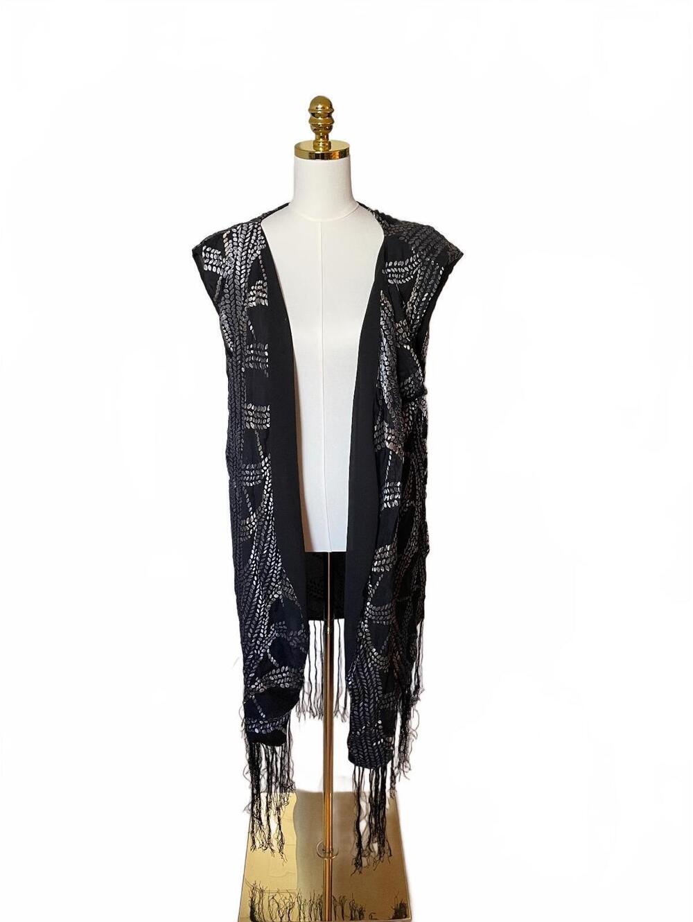Free People black sheer printed long open vest with fringe
